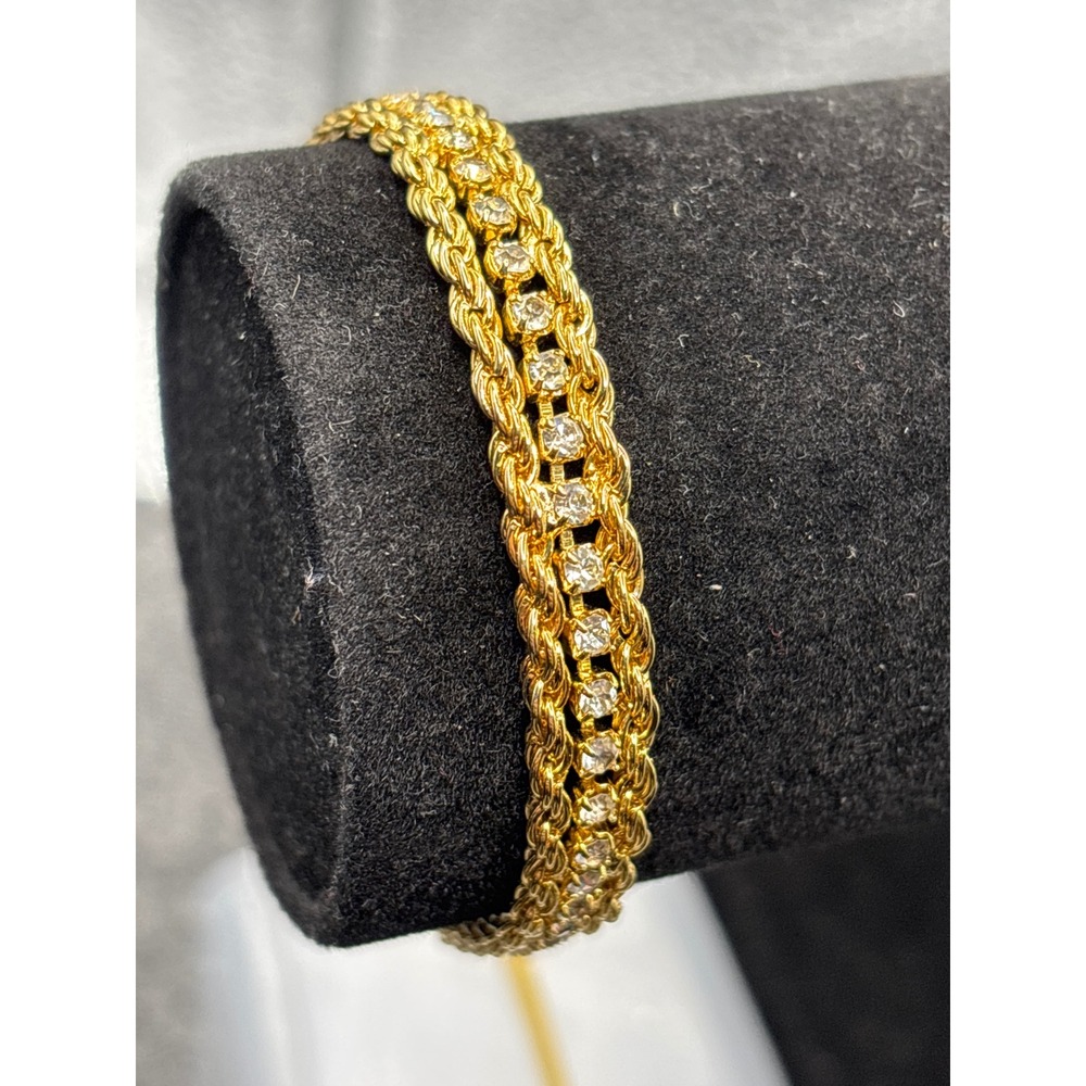 VTG Gold Tone‎ Small Rope Link Chain Statement Bracelet Sparkling Crystal Clasp